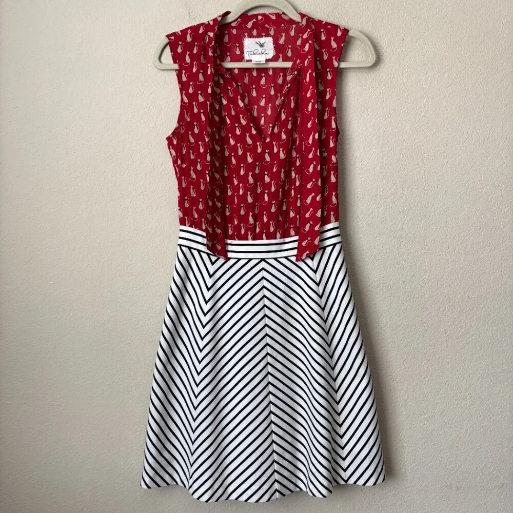 Anthropologie Tabitha Cat Gatto Printed Novelty Dress Striped Tie Neck HTF Rare - Picture 3 of 15